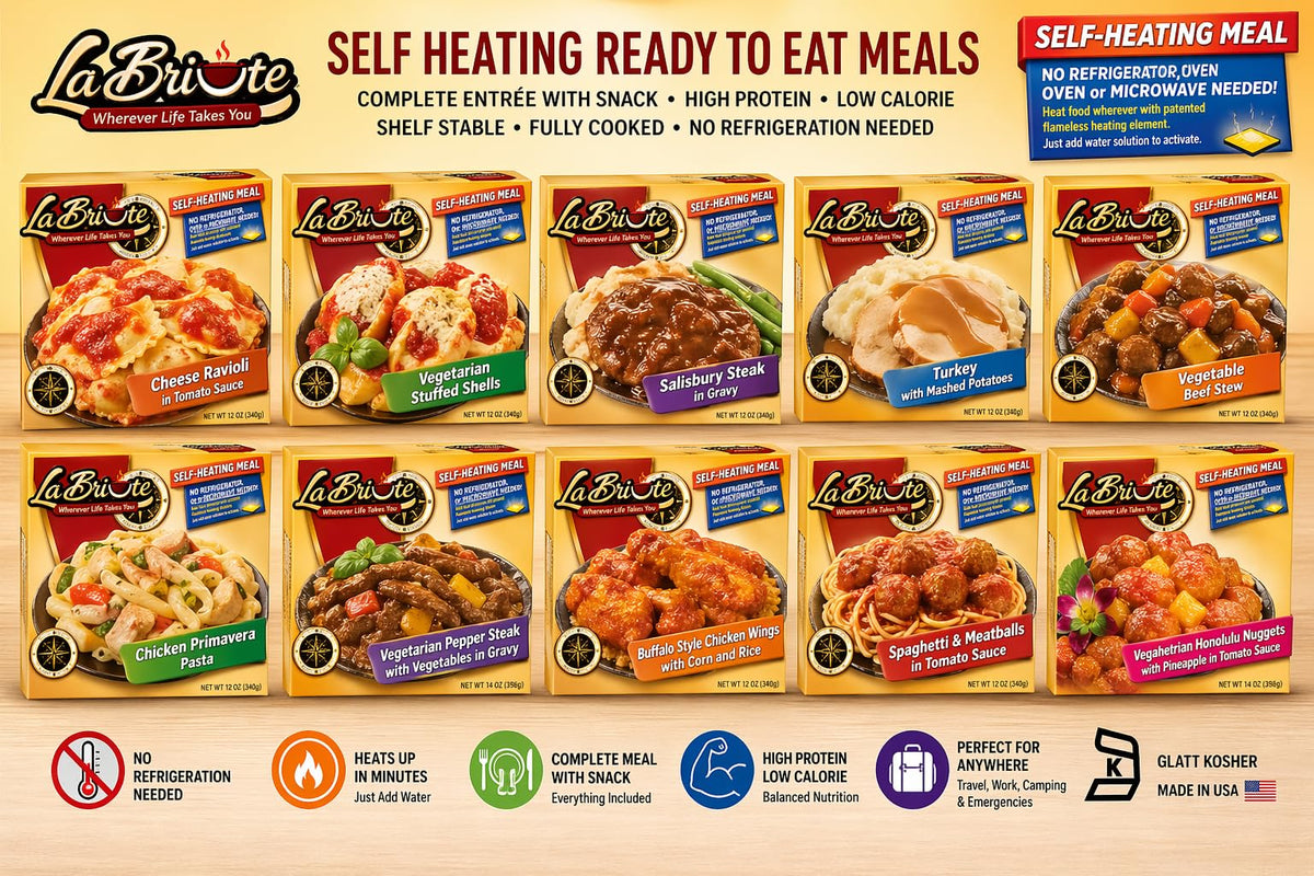 LaBriute Meals Turkey with Mashed Potatoes - Self Heating Ready to Eat Entrée w/Snack |22g Protein, Low-Calorie Pre-Packaged Lunch or Dinner | Shelf