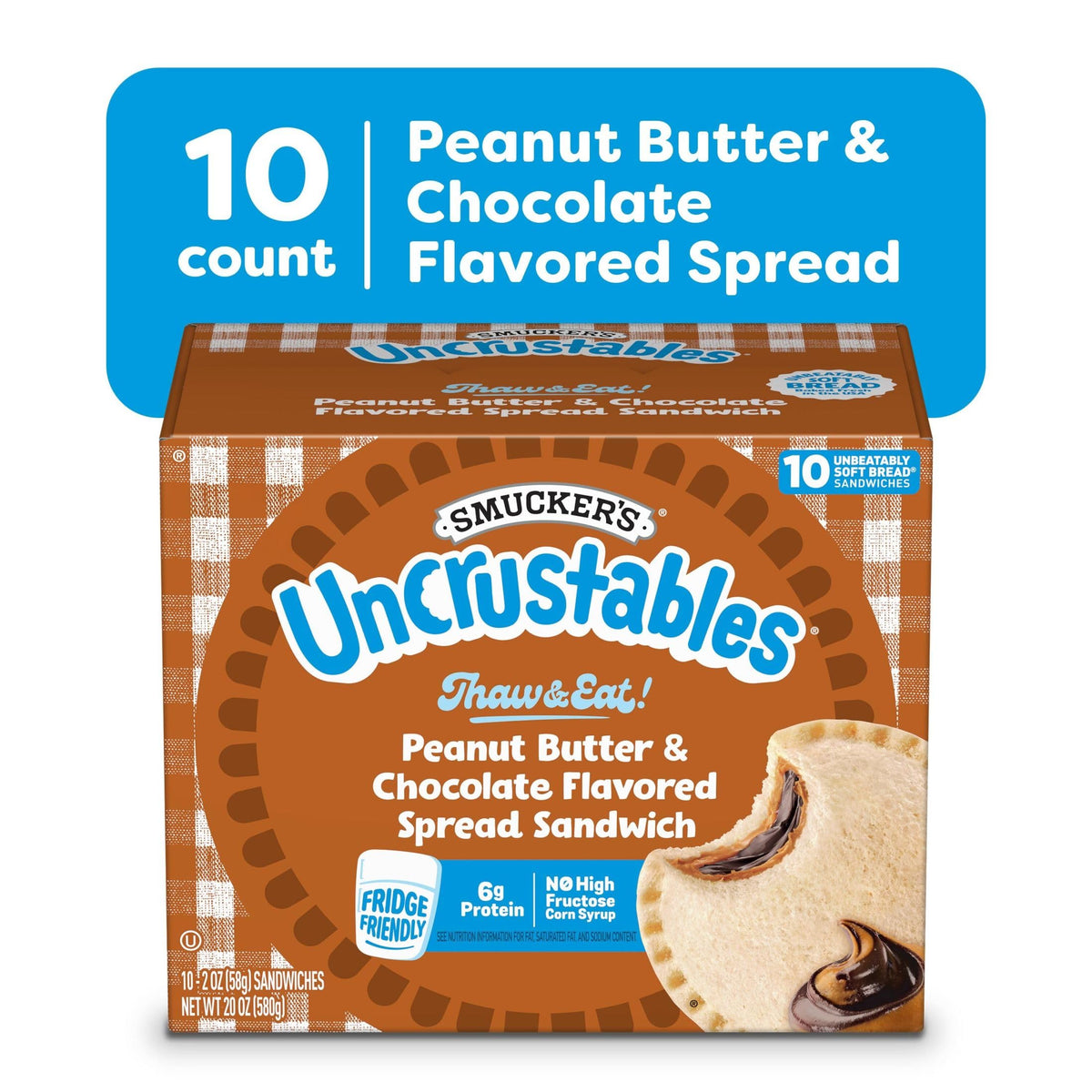 Smucker's Uncrustables Peanut Butter & Chocolate Flavored Spread Frozen Sandwiches, Individually Wrapped, 120 Count