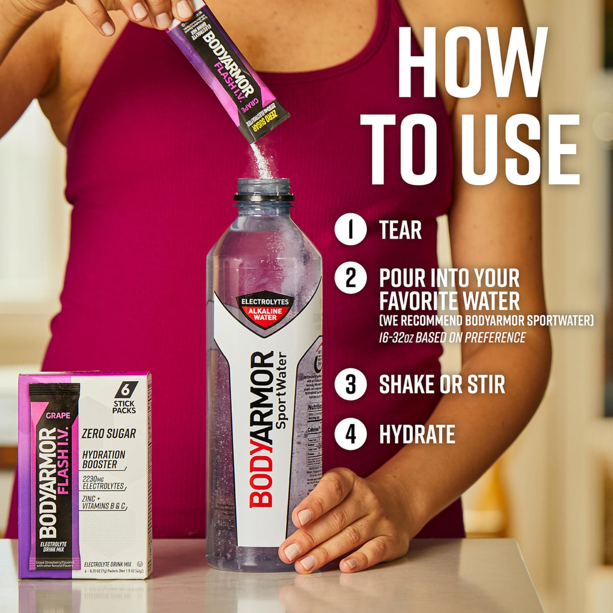 BODYARMOR Flash IV Electrolyte Packets, Grape - Zero Sugar Drink Mix, Single Serve Packs, Coconut Water Powder (6 Count)