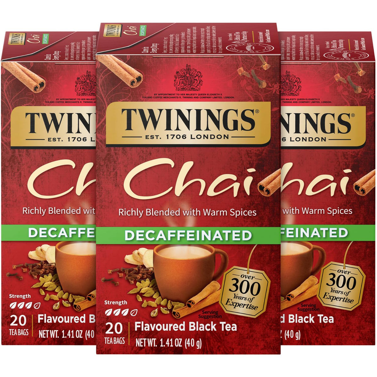 Twinings Decaffeinated Chai Tea, Black Tea Blend with Cinnamon, Ginger, Cardamon, 20 Count (Pack of 3)