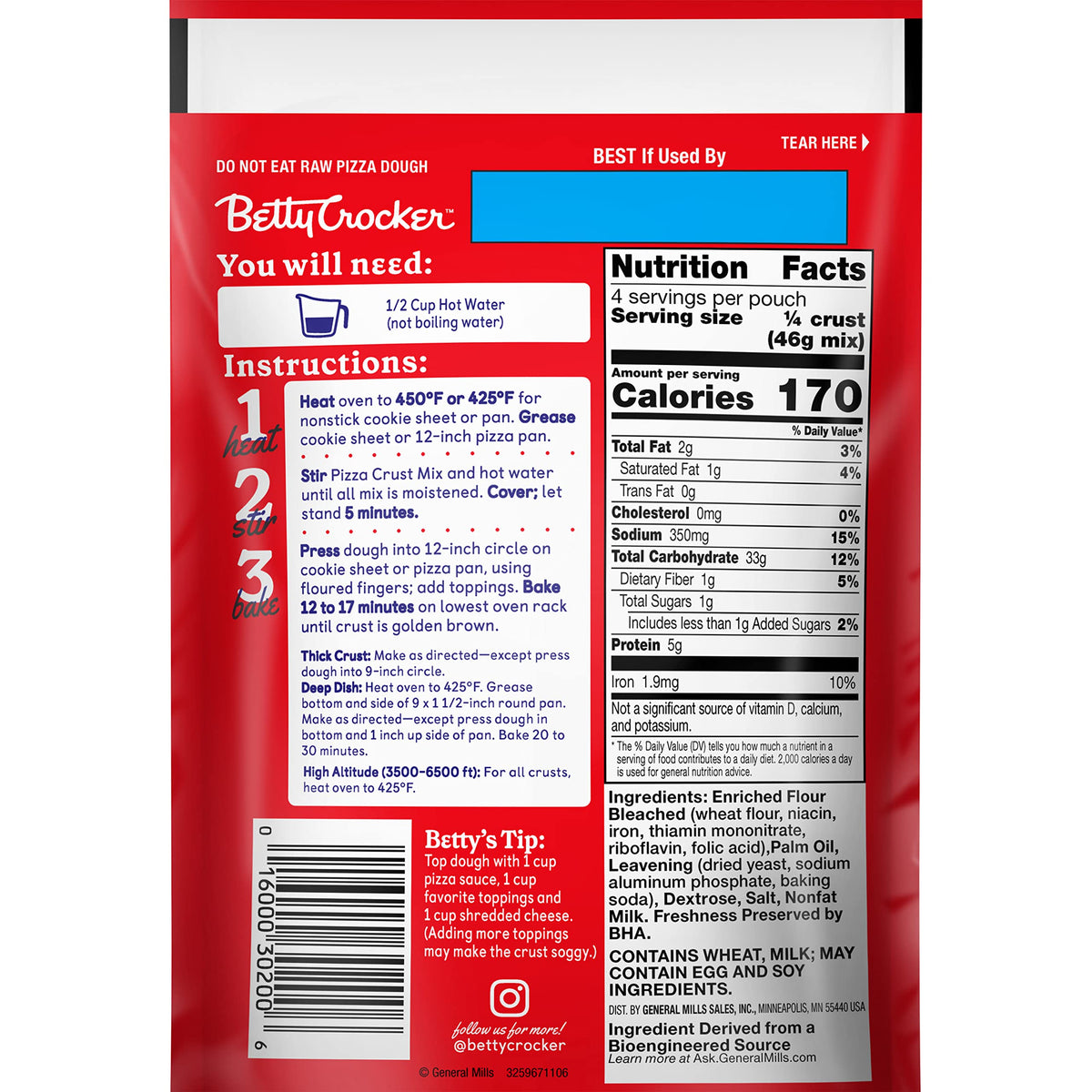 Betty Crocker Pizza Crust Mix, Makes One 12-inch Crust, 6.5 oz.