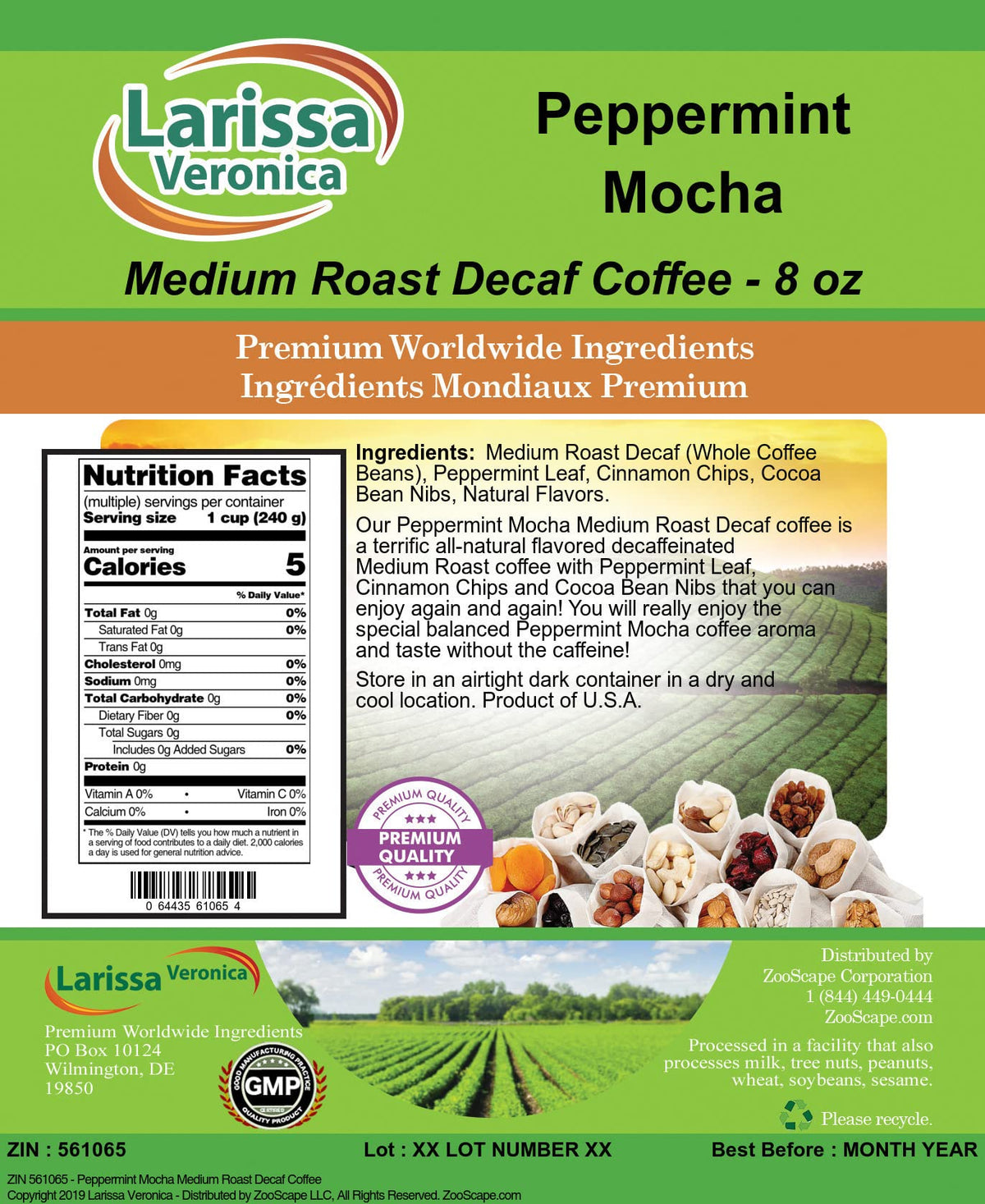 Peppermint Mocha Medium Roast Decaf Coffee (Gourmet, Naturally Flavored, Whole Coffee Beans) (8 oz, ZIN: 561065) - 2 Pack