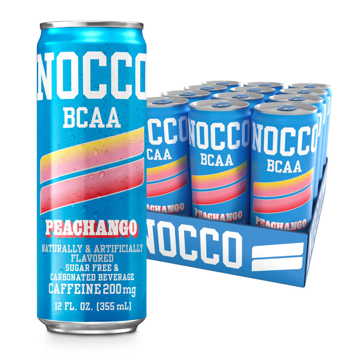 NOCCO BCAA Energy Drink PEACHANGO - 12 Fl Oz (Pack of 12) - 200mg of Caffeine, Sugar Free Energy Drinks - Carbonated & Low Calorie, BCAAs, Vitamin B6
