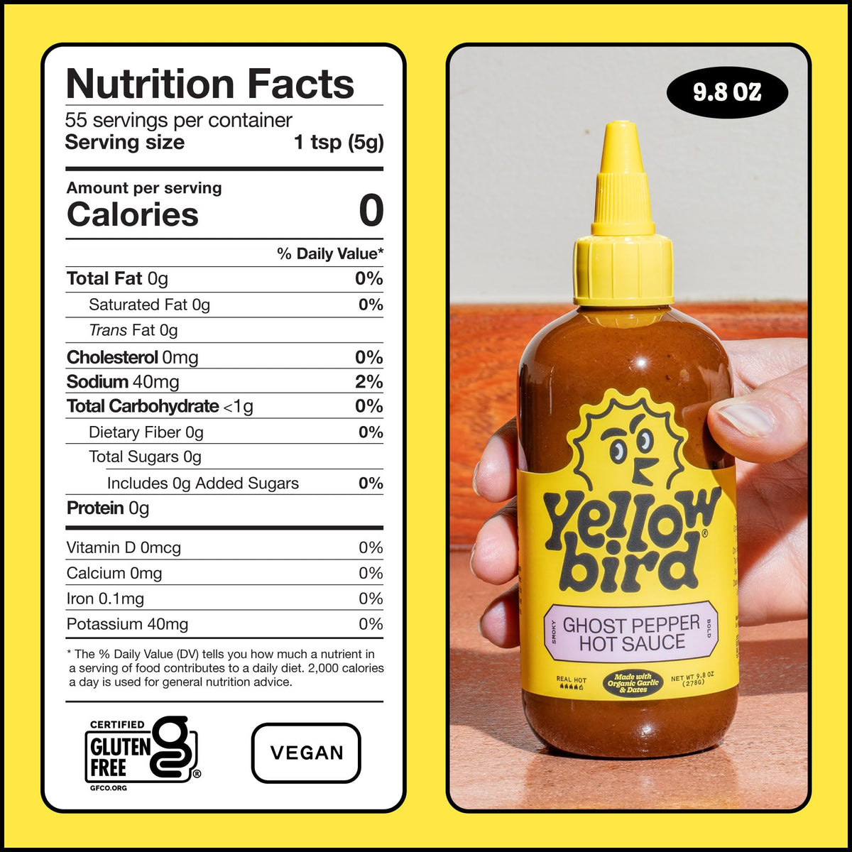 Yellowbird® Made w/ Organic Ghost Pepper Hot Sauce 9.8 oz. Pantry Size (Real Hot | 1 Bottle | Made w/ Organic Tomatoes, Garlic, & Dates)