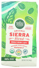 Whole Foods Market, Organic Sierra Blend Whole Bean Coffee, Medium-Dark Roast, Dark Chocolate & Caramel, 12 Ounce