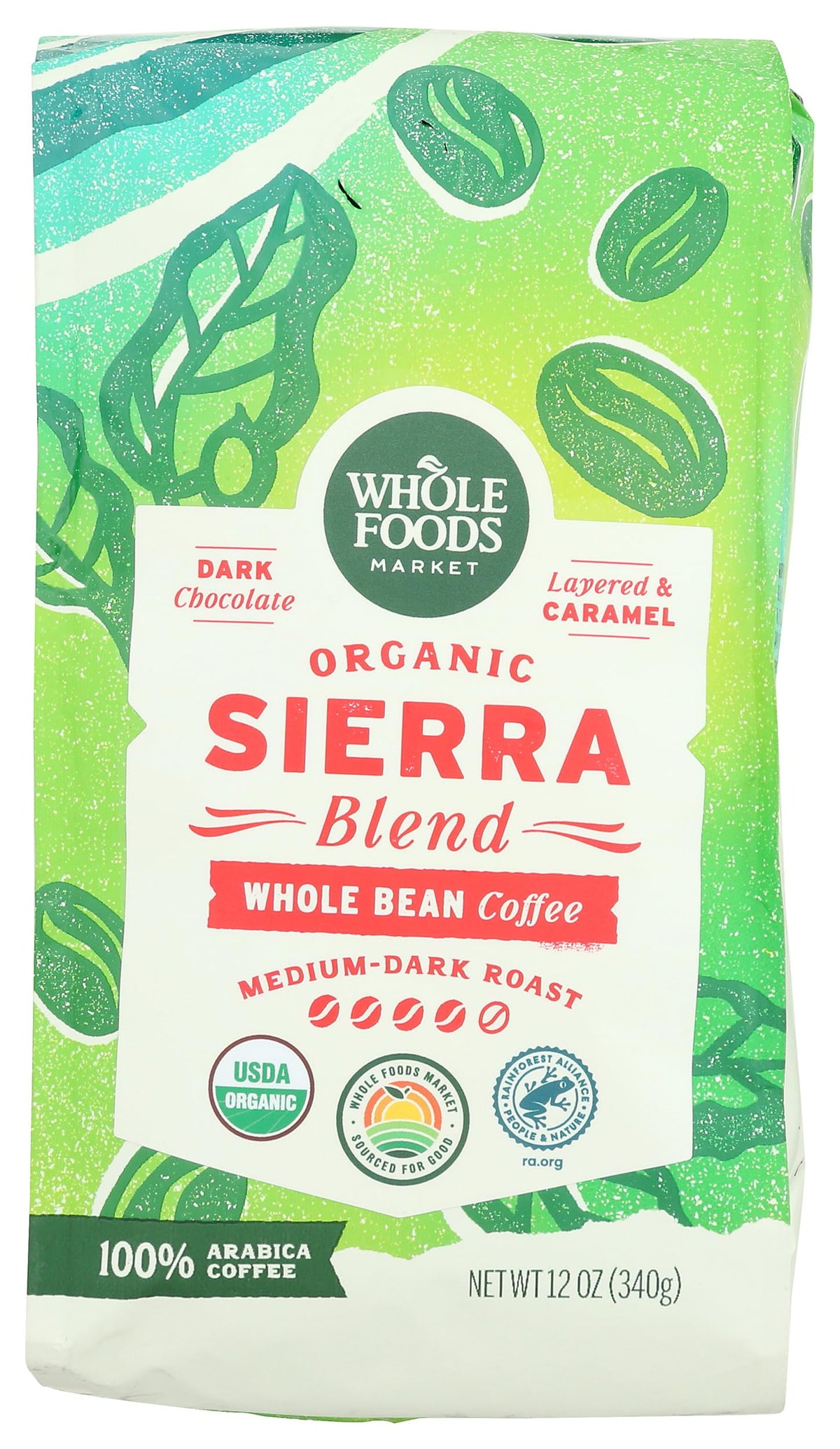 Whole Foods Market, Organic Sierra Blend Whole Bean Coffee, Medium-Dark Roast, Dark Chocolate & Caramel, 12 Ounce
