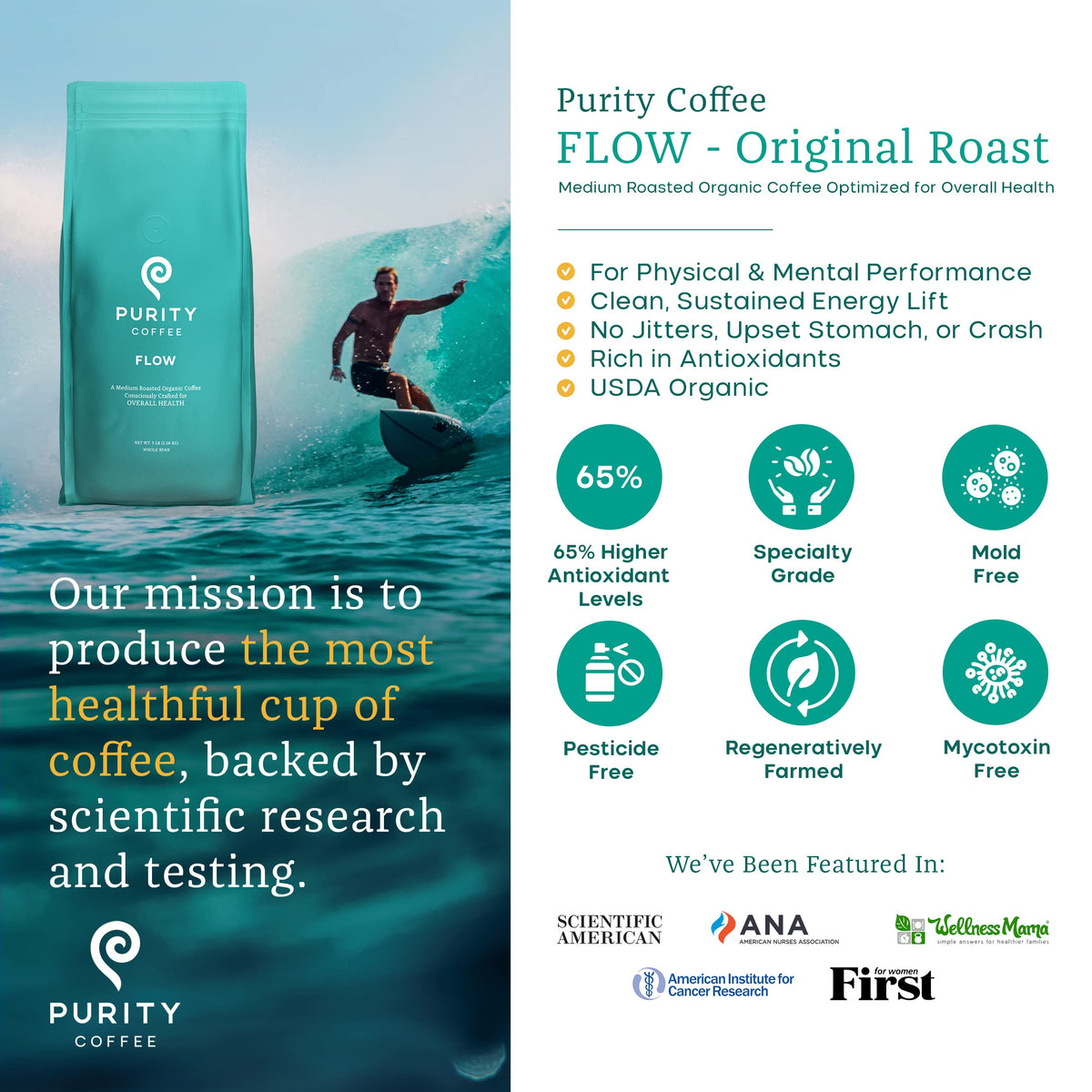 Purity Coffee FLOW Original Medium Roast Whole Bean (5lb Bag) | Specialty-Grade USDA Organic Arabica Blend | Third Party Tested for Mold, Mycotoxins
