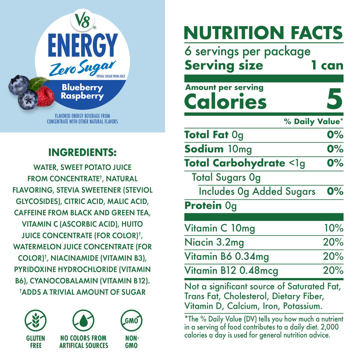 V8 Energy Zero Sugar Blueberry Raspberry, 8 fl. oz. Can (24 Pack)