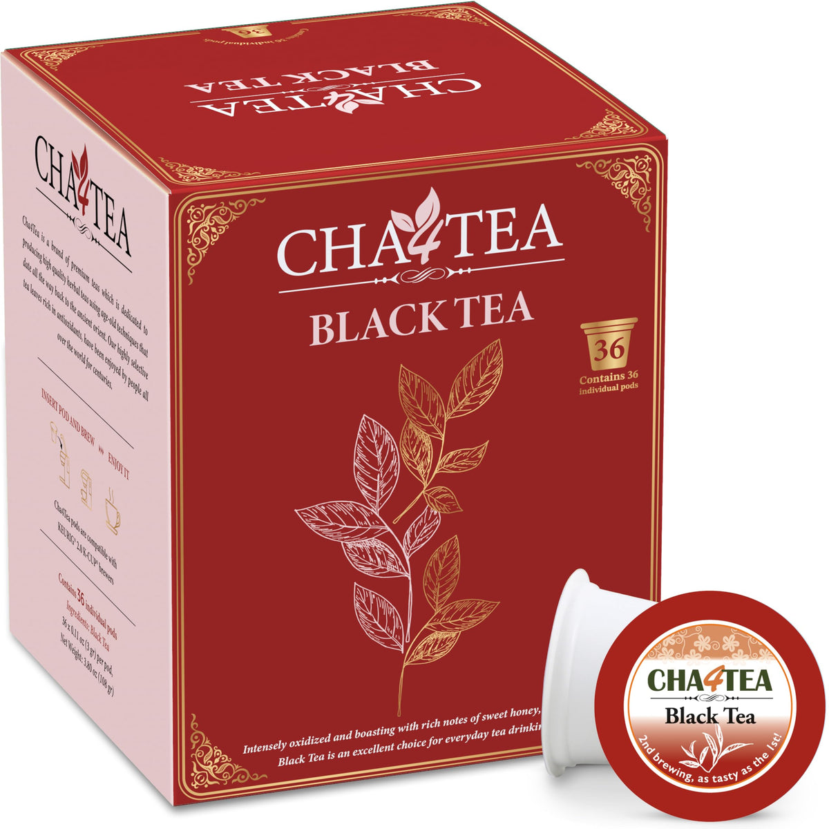 Cha4TEA 36-Count Black Tea Pods Compatible with Keurig K-Cup Brewers