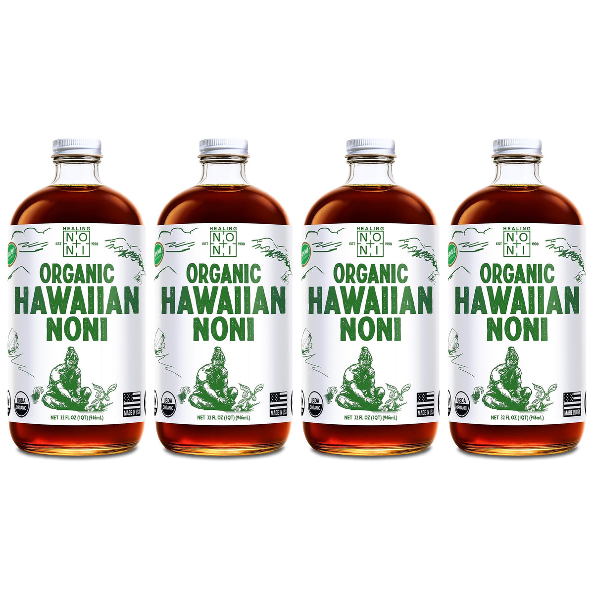 Healing Noni - 100% Pure Noni Juice - USDA Organic, Full Strength, Wellness Drink, Hawaiian-Grown Superfood - (32oz, 4 Pack)