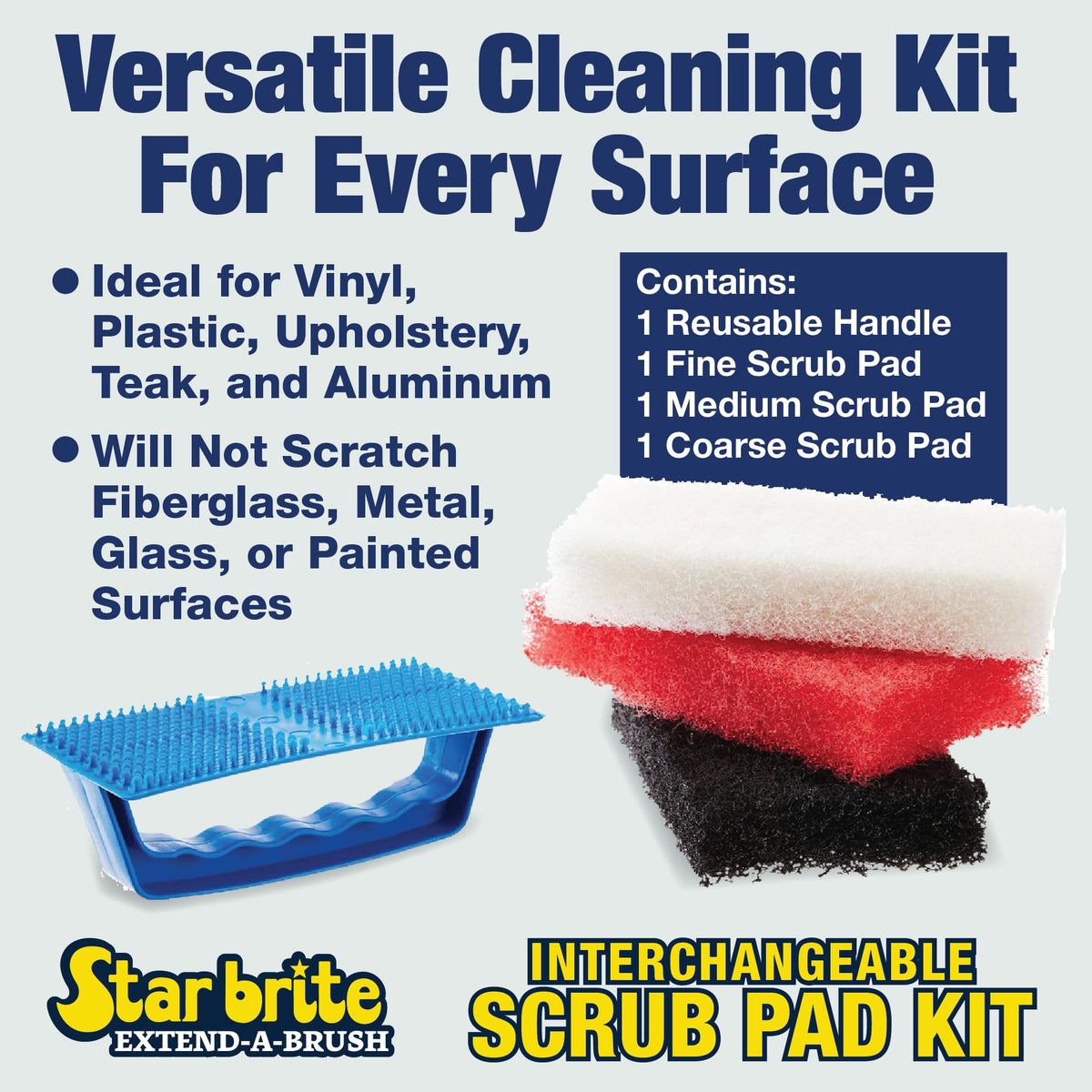 STAR BRITE Scrub Pad Kit - 3 Different Textured Scouring Pads & Interchangeable Handle (040023PW)