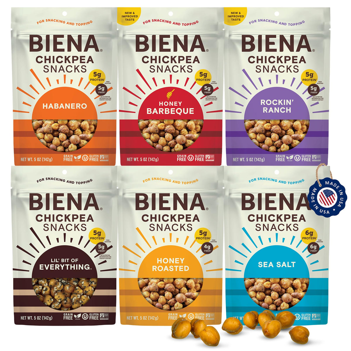 BIENA Chickpea Snacks - Crunchy Roasted Chickpeas - High Fiber Vegan Protein Snack for Adults & Kids - 6-Pack, 5 oz Bags - BBQ, Habanero, Honey