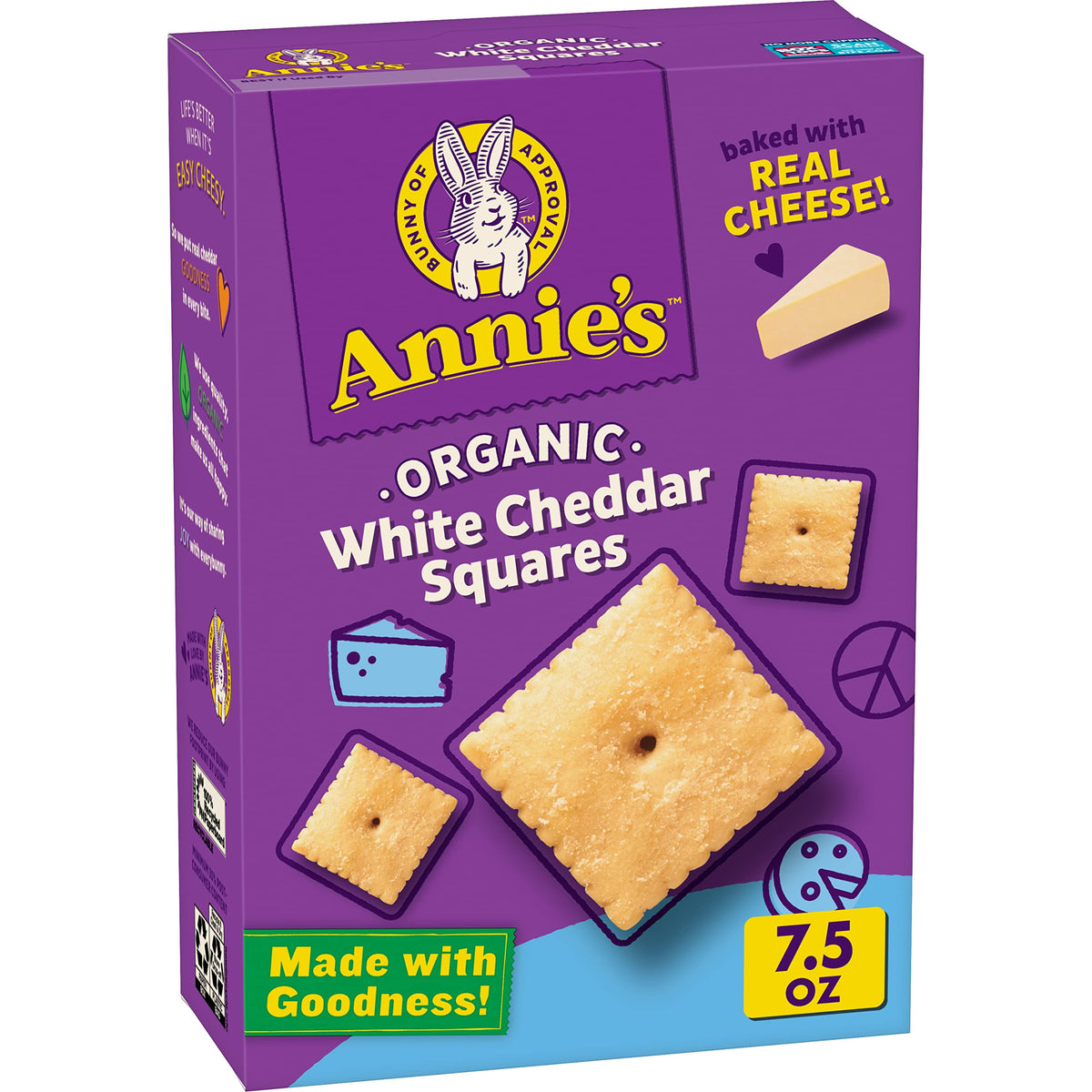 Annie's Organic White Cheddar Squares Baked Snack Crackers, Made with Real Cheese, 7.5 oz