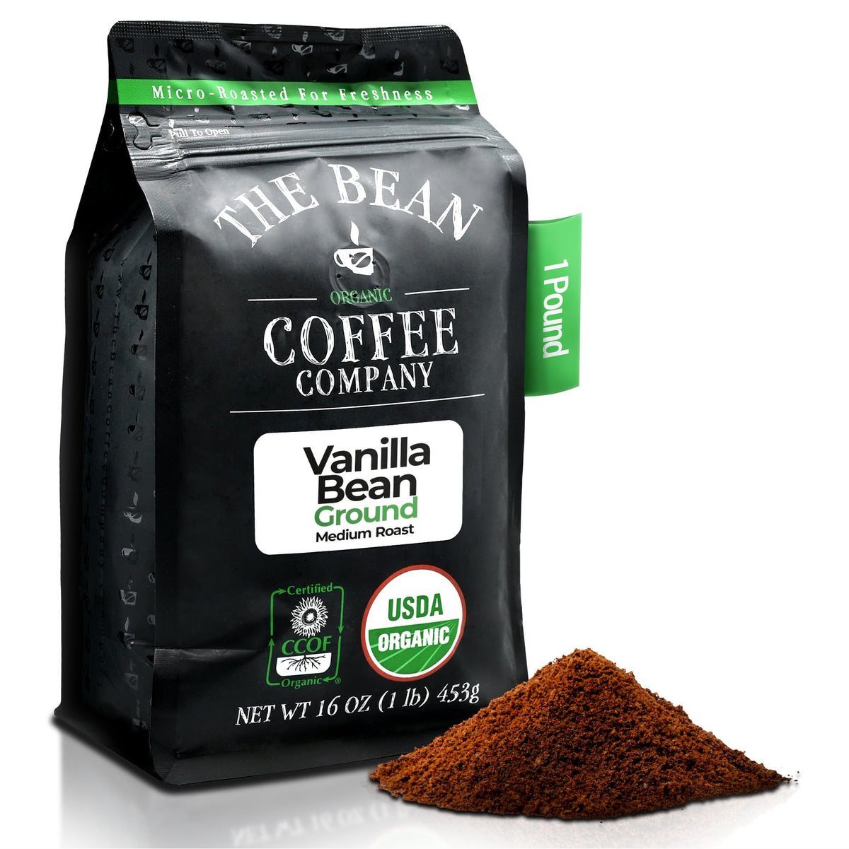 The Bean Organic Coffee Company Vanilla Bean, Medium Roast, Ground Coffee, 16-Ounce Bag,Café molido tostado organico