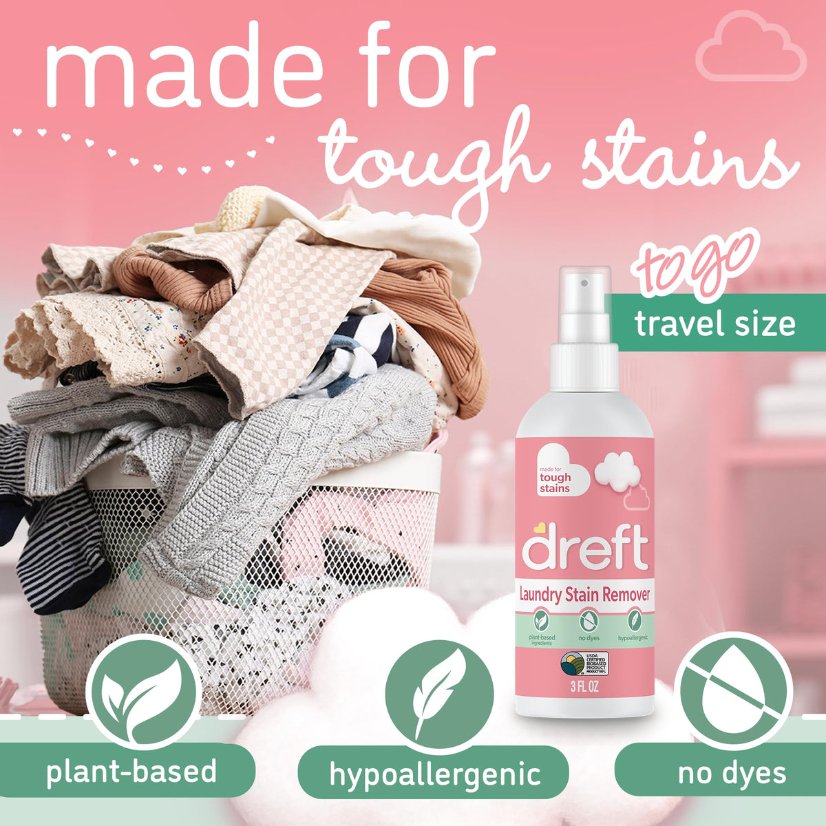 Dreft Stain Remover for Baby Clothes and Hypoallergenic Baby Stain Remover Spray, Travel Size Stain Treater, 3 Fl Oz ( Pack of 2)