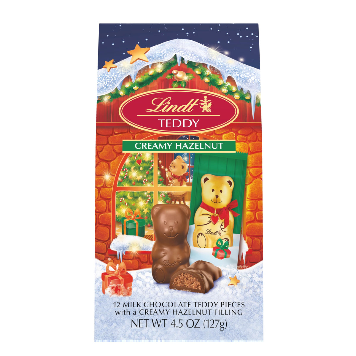 Lindt Holiday TEDDY Creamy Hazelnut Filled Milk Chocolate Candy Bag, 4.5 oz., 12 Pieces