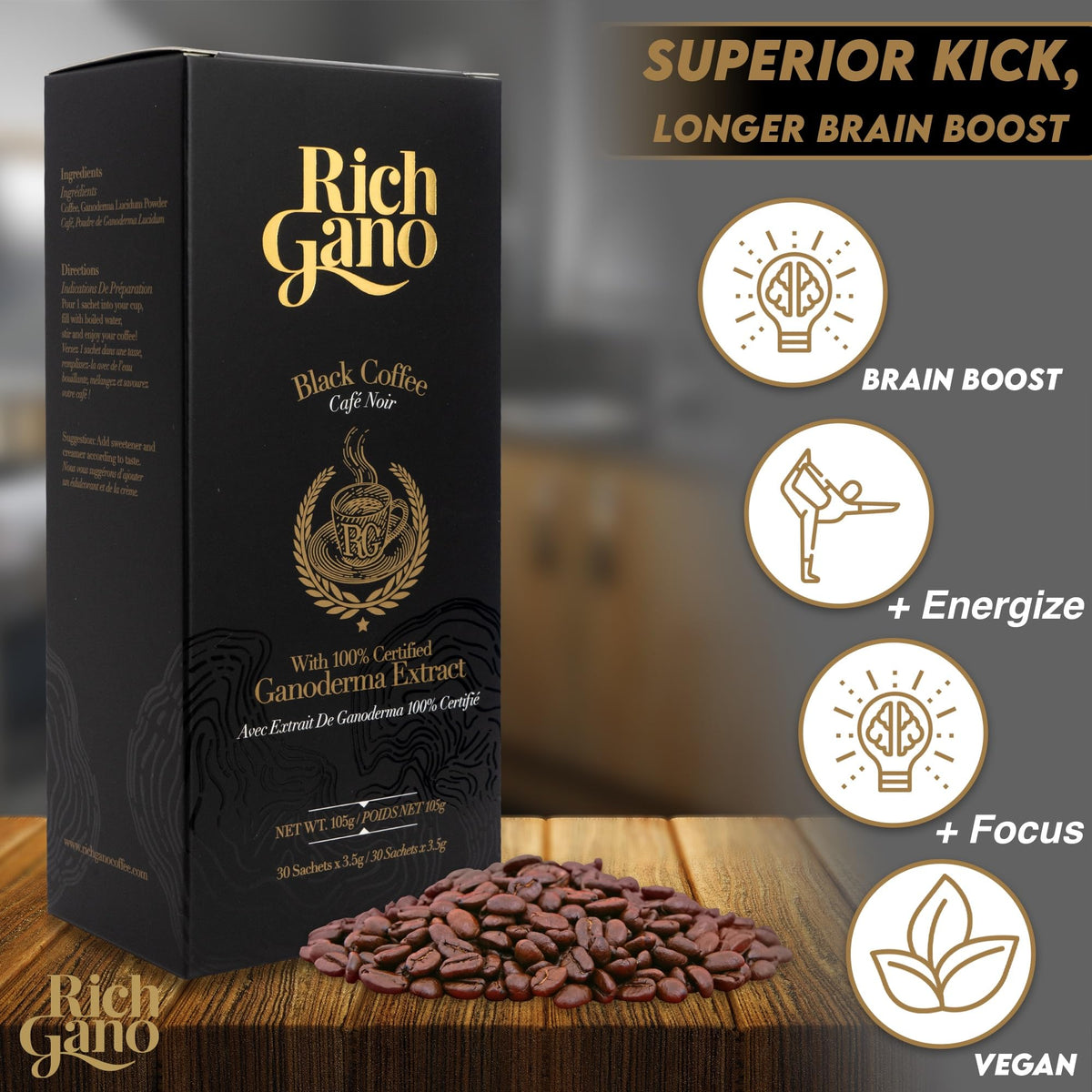 Rich Gano Reishi Mushroom Coffee - (3 Boxes of 30 Sachets) Black Coffee with Ganoderma Extract - All Natural Vegan Friendly Instant Coffee Packets