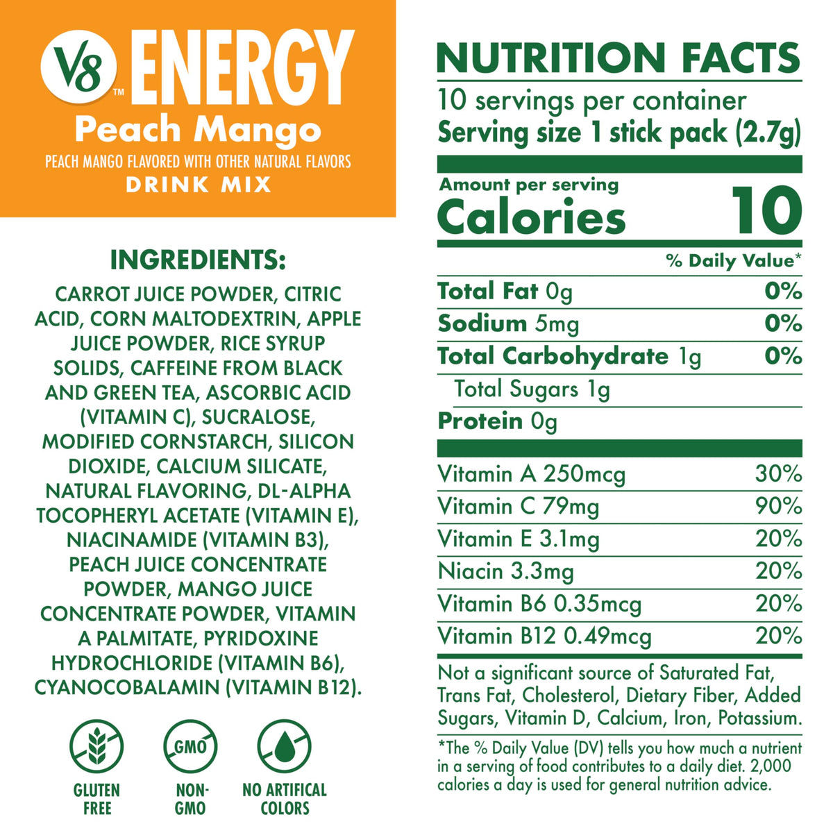 V8 Energy Peach Mango Energy Drink Powder, .10 oz Packet (120 Count)