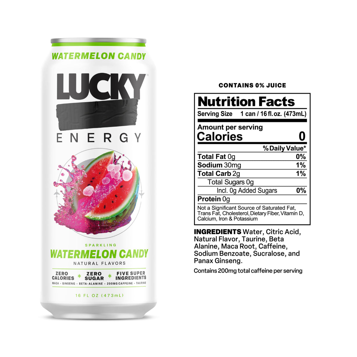 Lucky Energy Sugar Free Energy Drinks, Watermelon Candy, 16oz Cans (12-Pack) Healthy, Zero Sugar Energy Drink with Maca, Ginseng, Beta-Alanine