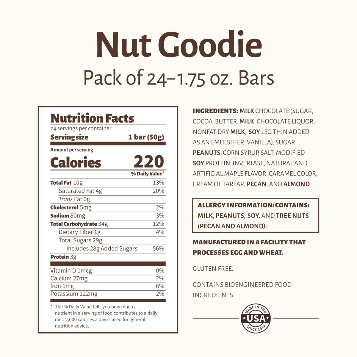 Pearson's Nut Goodie Cluster Bar | Roasted Peanuts, Real Milk Chocolate, and Maple Nougat | Pack of 24 | Individually Wrapped