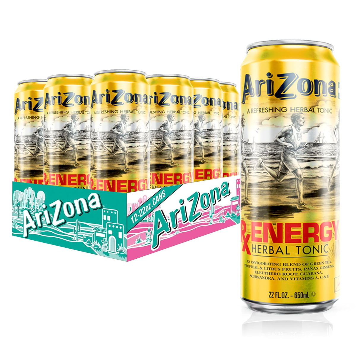 AriZona Rx Energy, Herbal Tonic with Green Tea and Citrus, 132mg Caffeine per Container - Big Can, 22 Fl Oz (Pack of 12)