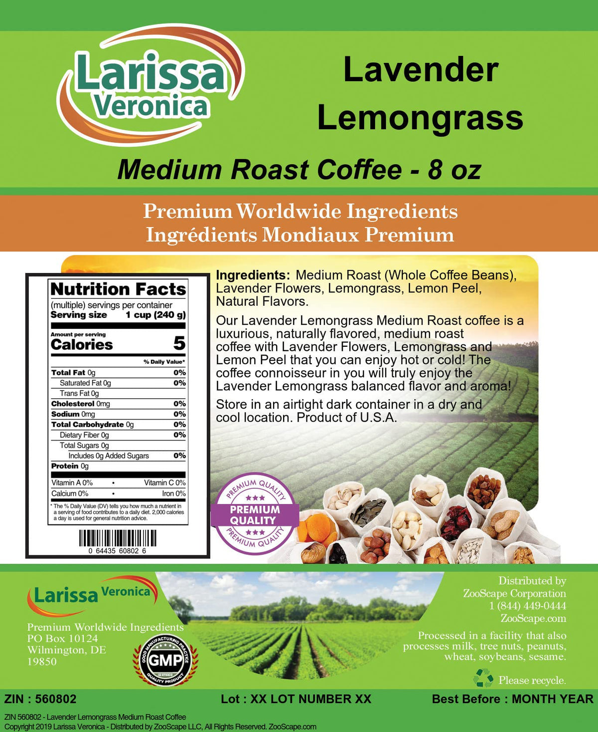 Lavender Lemongrass Medium Roast Coffee (Gourmet, Naturally Flavored, Whole Coffee Beans) (8 oz, ZIN: 560802) - 2 Pack