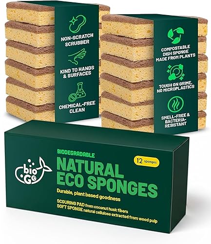 bioGo 12 Pack Natural Biodegradable Kitchen Sponges - Eco-Friendly, Compostable, Cellulose Dish - Compostable - Biodegradable - Cellulose Sponge
