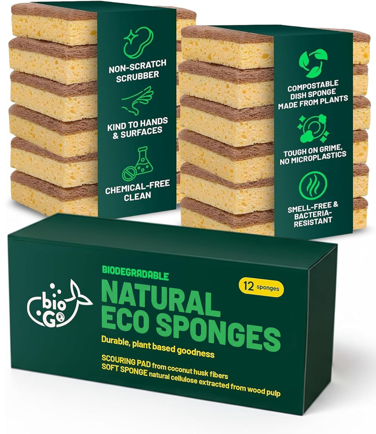 bioGo 12 Pack Natural Biodegradable Kitchen Sponges - Eco-Friendly, Compostable, Cellulose Dish - Compostable - Biodegradable - Cellulose Sponge