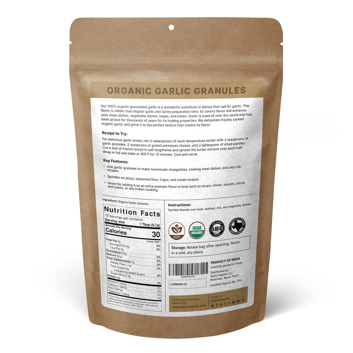 SPICY ORGANIC Garlic Granules - 100% USDA Organic- Premium Quality Granulated Garlic Powder for Mouthwatering Rubs on Beef, Pork, Fish, Poultry