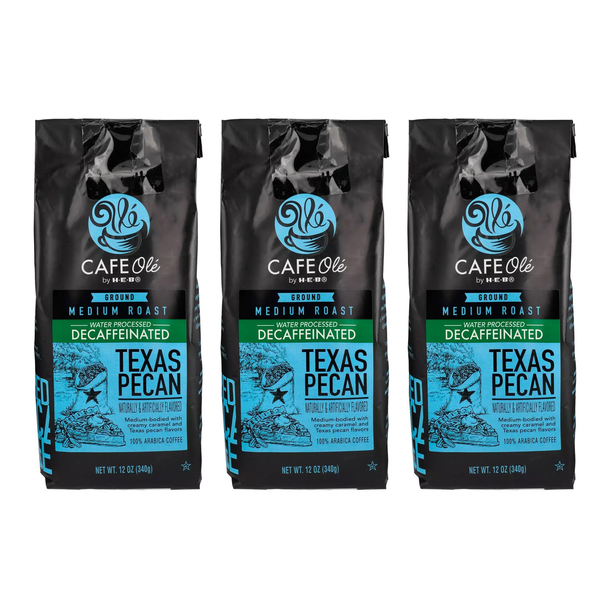 Cafe Ole - Texas Pecan Decaffeinated Coffee - Ground Decaf - 12 oz. (3 Pack)