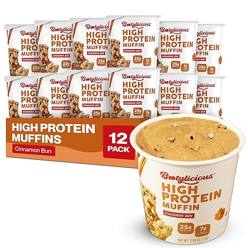 Bootylicious | High-Protein Muffin | 25g Protein, 7g Net Carbs, 2.32-2.75oz Cup, 12-Pack (Cinnamon Bun)