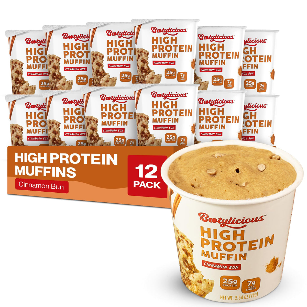 Bootylicious | High-Protein Muffin | 25g Protein, 7g Net Carbs, 2.32-2.75oz Cup, 12-Pack (Cinnamon Bun)