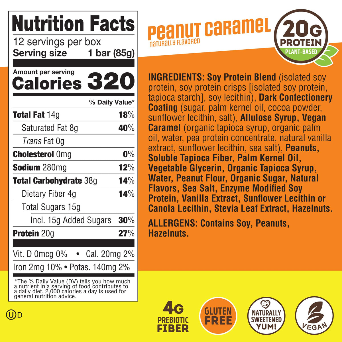 Lenny & Larry’s High Protein Bar - Peanut Caramel Vegan Protein Bars - 20g Plant-Based Protein, High Fiber Dessert - Gluten-Free Snack - Larger Bar