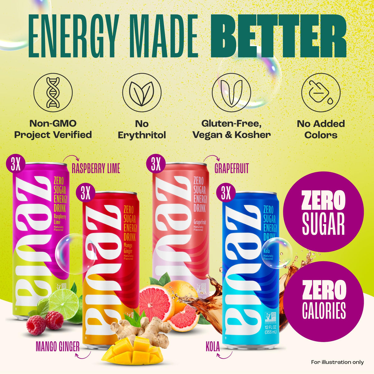 Zevia Zero Sugar Energy Drink, Classic Variety Pack, 12 oz Cans (12-Pack) - Naturally Sweetened, Non-GMO Project Verified, Gluten-Free, Vegan