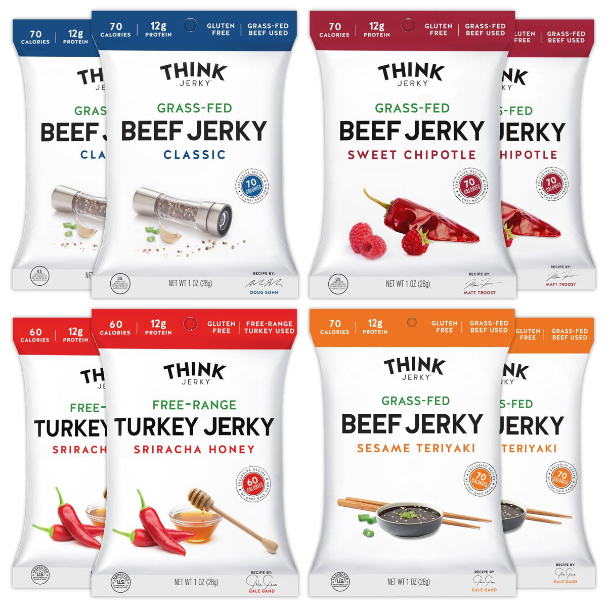 Think Jerky Beef and Turkey Jerky Variety Pack, Classic, Sweet Chipotle, Sriracha Honey, Sesame Teriyaki, Healthy Meat Snack, Low Calorie Low Fat