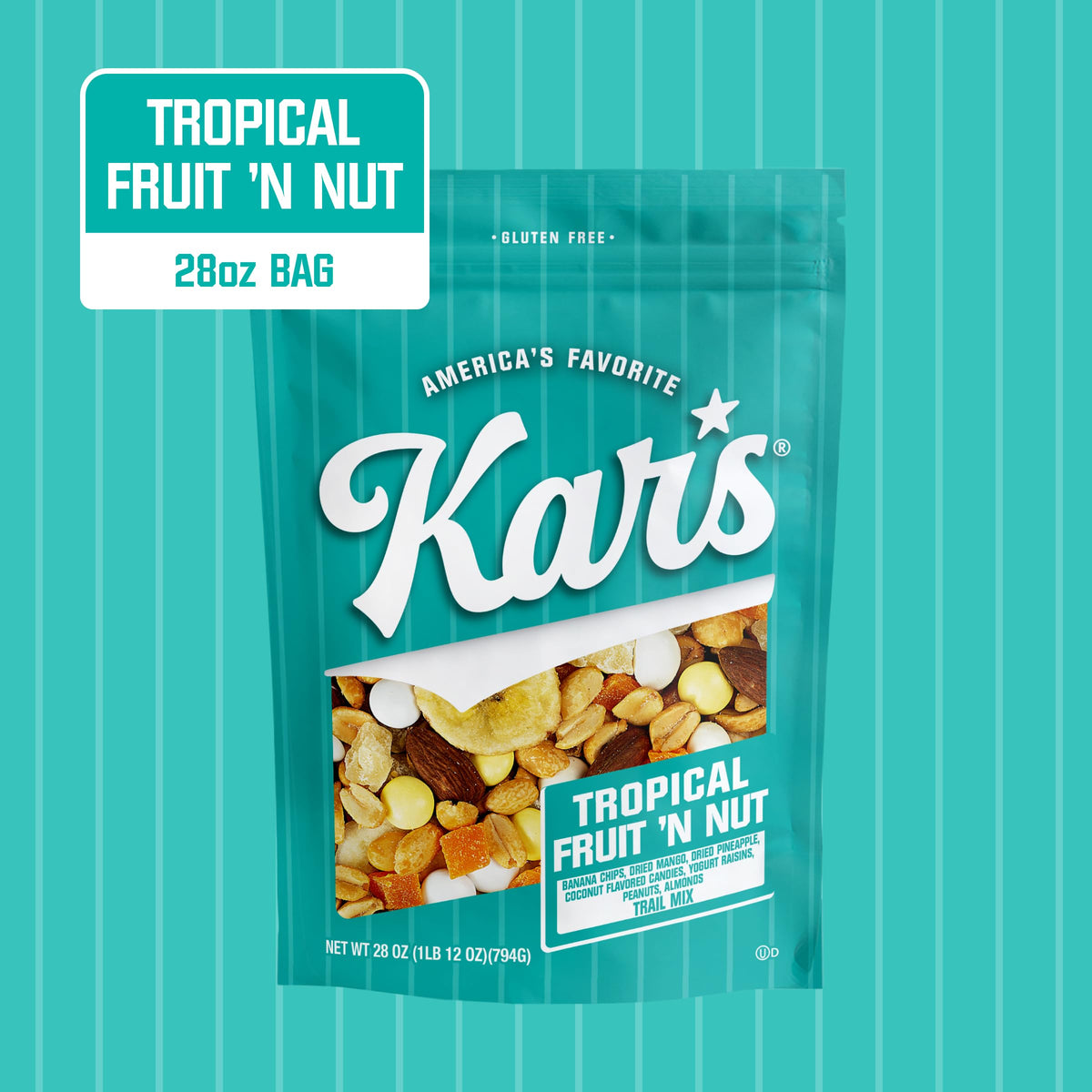 Kar’s Nuts Tropical Fruit ‘N Nut Trail Mix, 28 oz Resealable Pouch (Pack of 1), Gluten-Free Trail Mix Snack