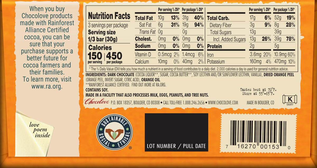 Chocolove, Orange Peel in Dark Chocolate, 3.2 oz