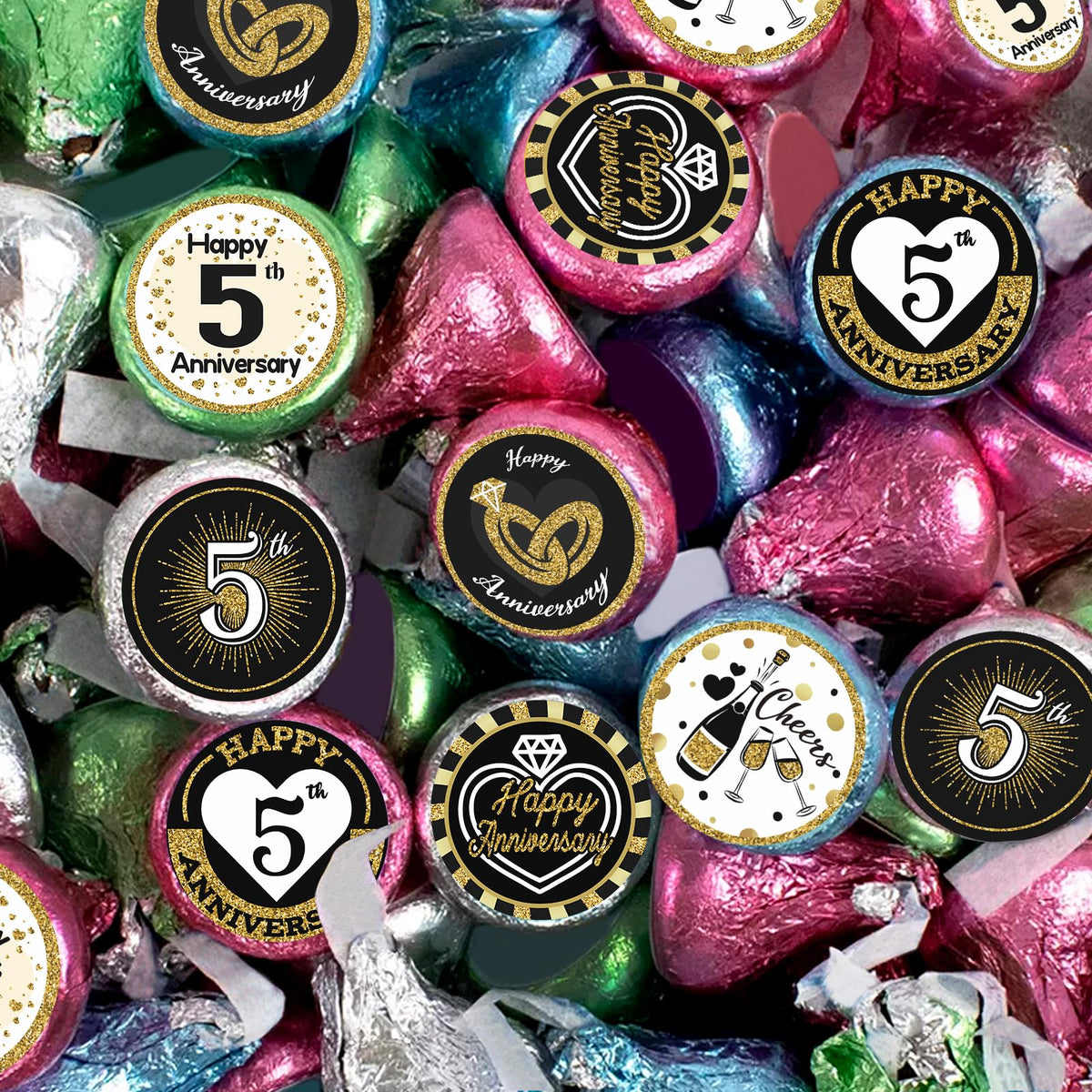 Black Gold Black and Gold 5th Anniversary Kisses Stickers, 180 Count 0.75" Round Candy Labels, Chocolate Favor Stickers for 5th Wedding Anniversary