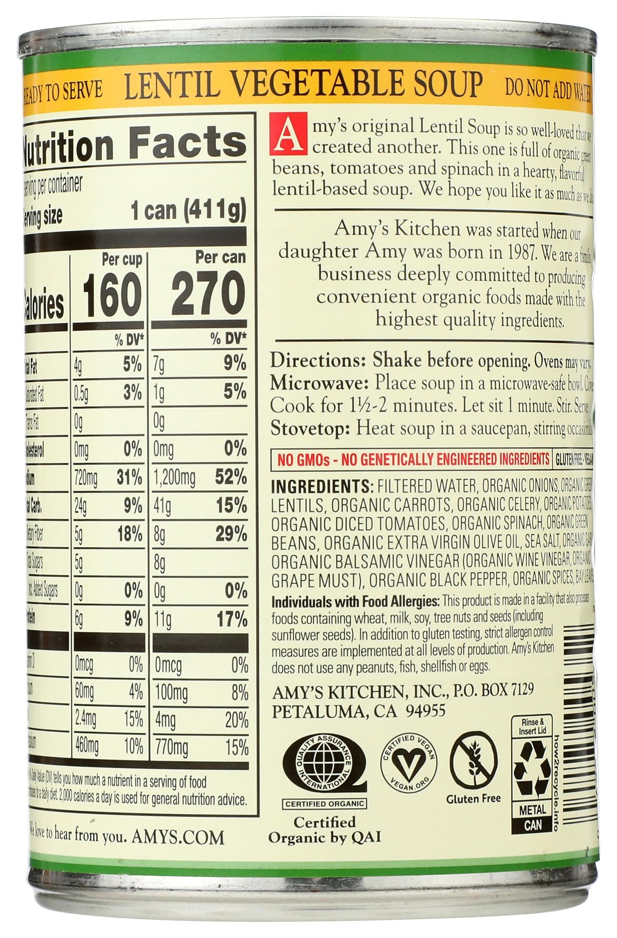 Amy's Organic Lentil Vegetable Soup, 14.5 OZ