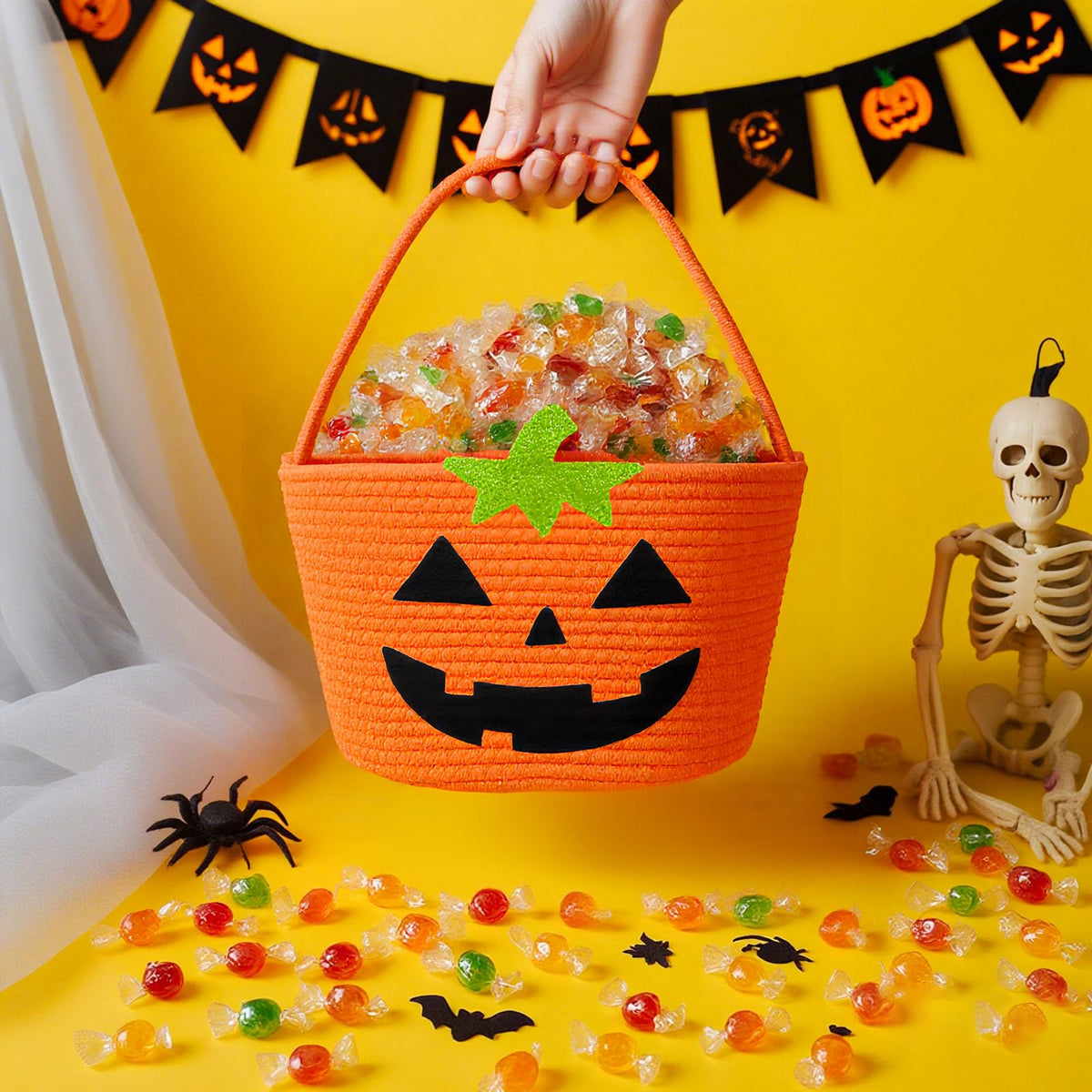 ShellKingdom Halloween Basket, Trick or Treat Basket, Cute Pumpkin Candy Bucket, Halloween Decorations Gift Baskets for Boys Girls
