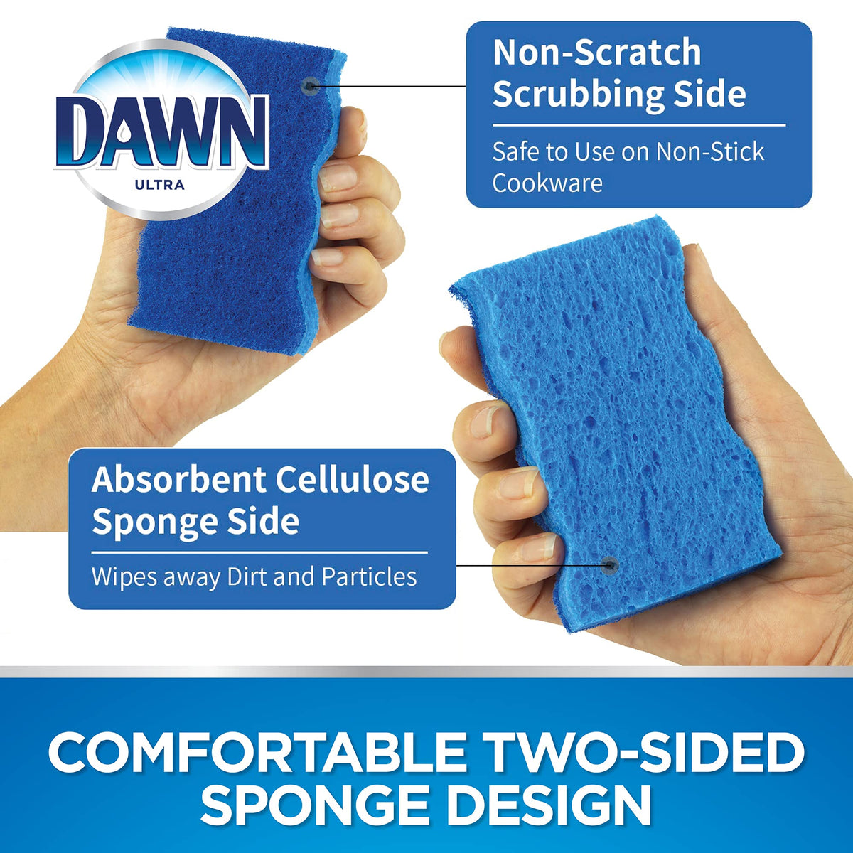 Dawn Ultra Scrubber Sponges Non-Scratch Double-Sided Kitchen Dish Cleaners, 12-Pack, Blue