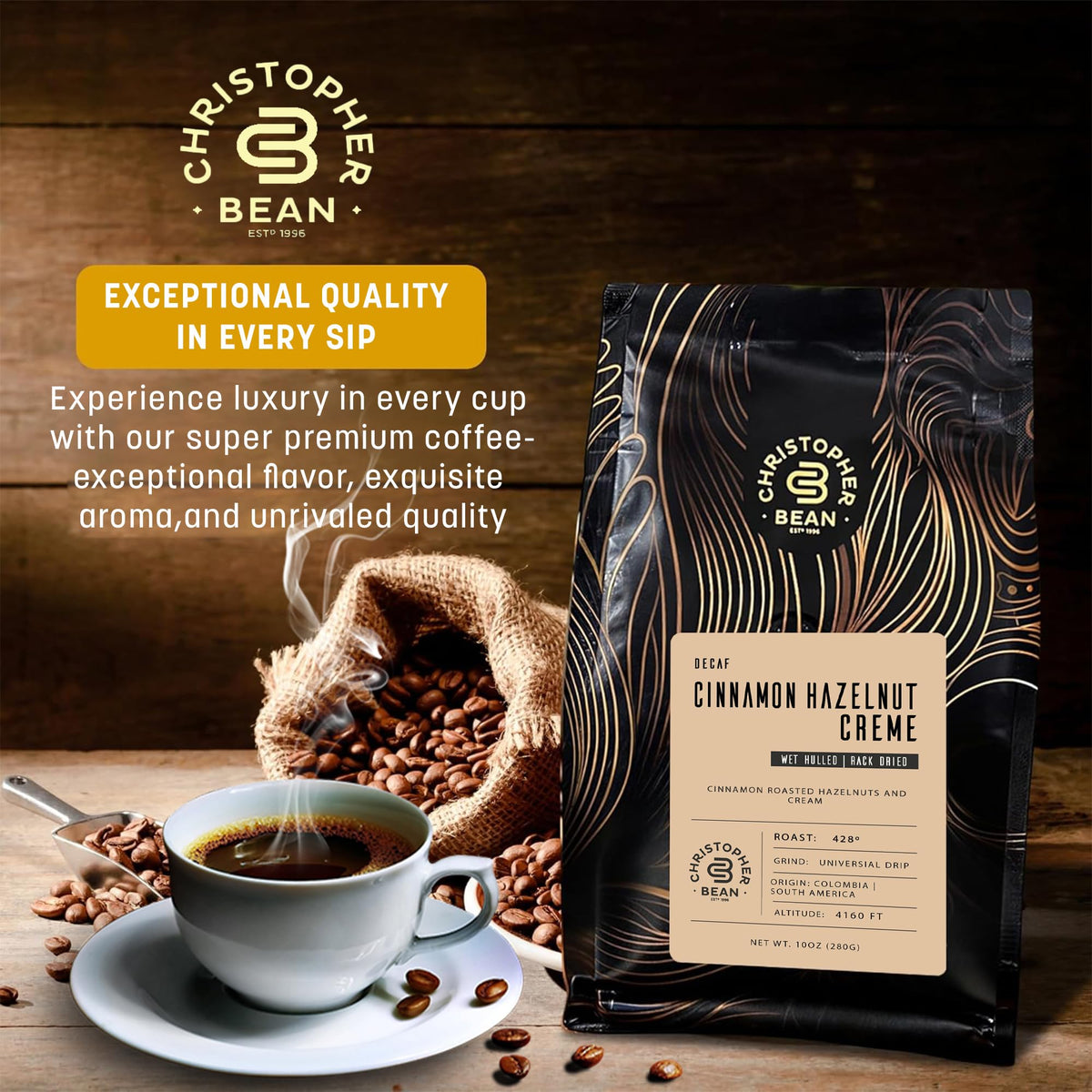 Christopher Bean Coffee - Certified Kosher - Decaf Ground Universal Drip Cinnamon Hazelnut Crème Flavored Coffee| Coffee Beans with Medium Roast 100%