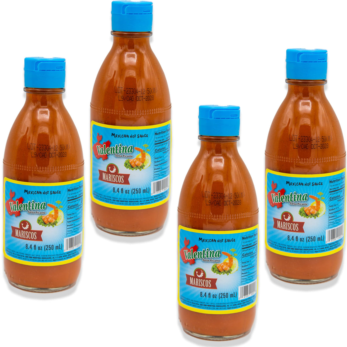 Hot Sauce Bundle - Includes 4 Bottles of Hot Sauces Valentina Blue Label (Mariscos), 8.4 Fl oz each, 33.6 Oz Total by Valentina - Authentic Mexican