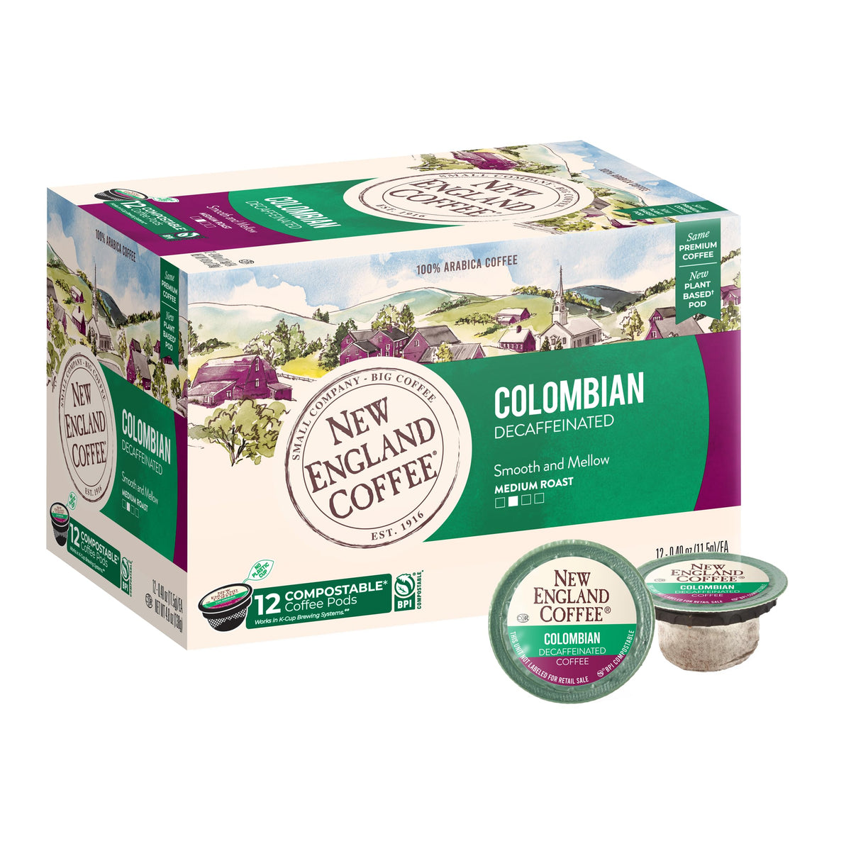 New England Coffee Colombian Decaffeinated Medium Roast Single Serve Pods, 12ct Box (Pack of 1)