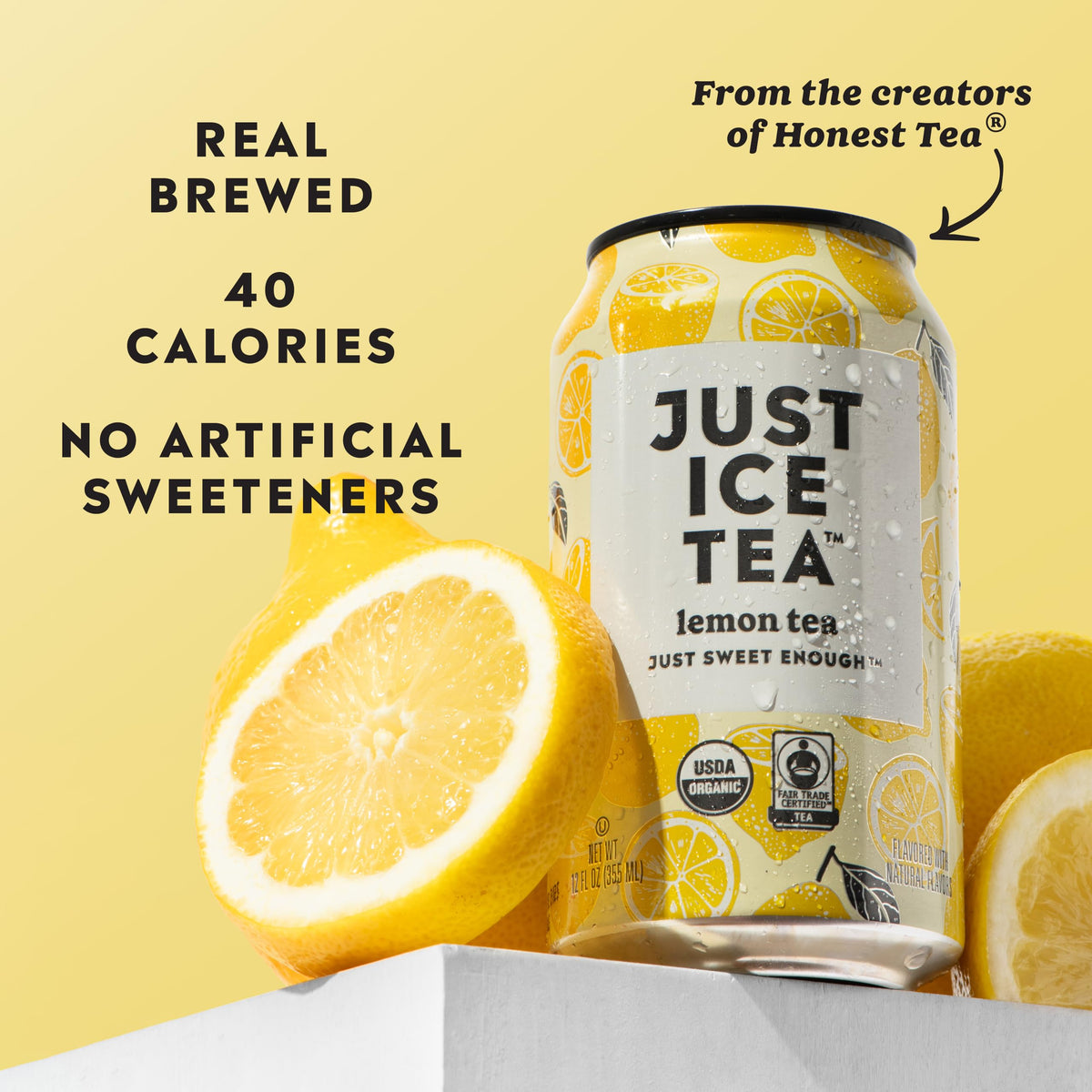 Just Ice Tea, Lemon Flavored Black Iced Tea, 4-Pack (12oz Cans), USDA Certified Organic, Real Brewed, Low Calorie, No Artificial Sweeteners, Fair