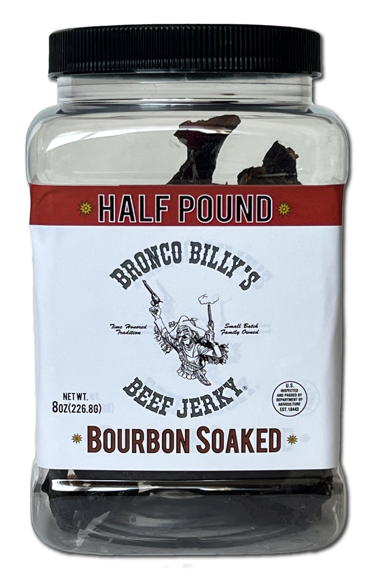Bronco Billy's Beef Jerky Bourbon Soaked Half Pound Jar - 8oz - New Jar Design