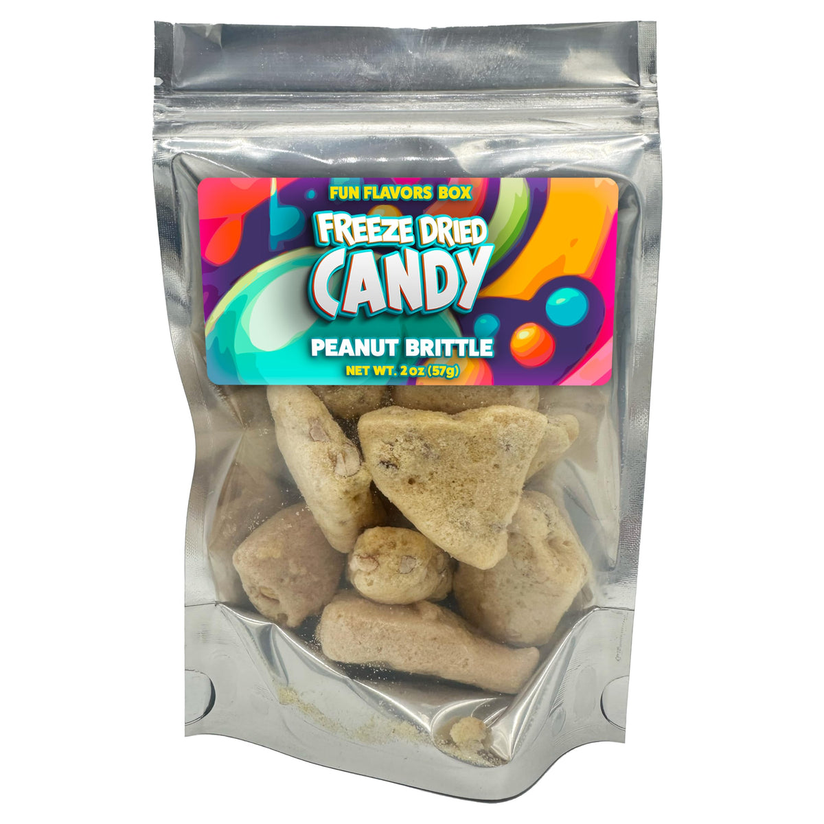 Fun Flavors Box Freeze Dried Candy Peanut Brittle Crunchy Treats Space Snacks Theme Party Favor Gift Idea, 2 oz