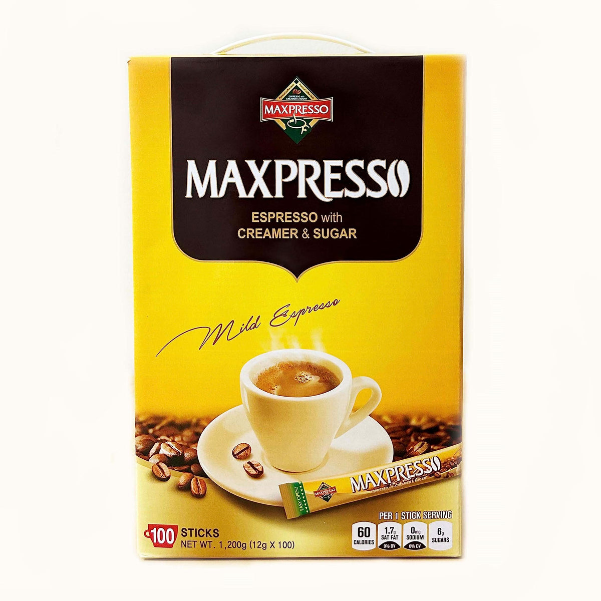 Maxpresso 3 in 1 Korean Instant Coffee Mix - Single Serve Sticks 100 Packets with Creamer and Sugar Premium Hot or Iced Coffee Blend Rich Flavor