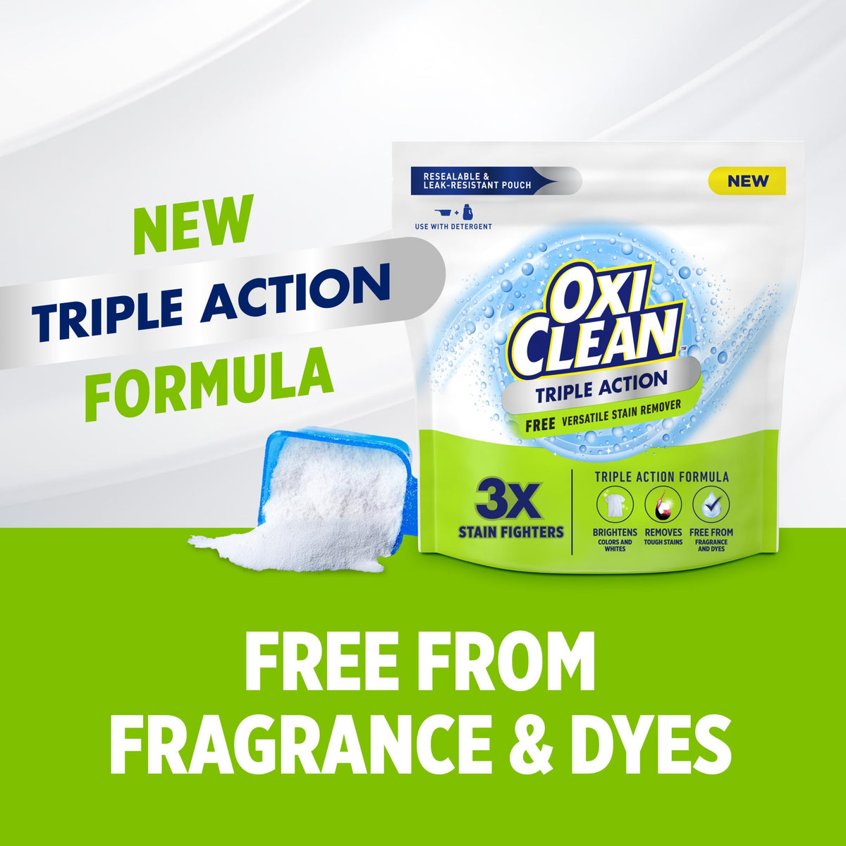 OxiClean Triple Action Free Versatile Stain Remover Powder, Use with Detergent, No Fragrance, No Dyes, No Chlorine, Removes Stains, Brightens Colors