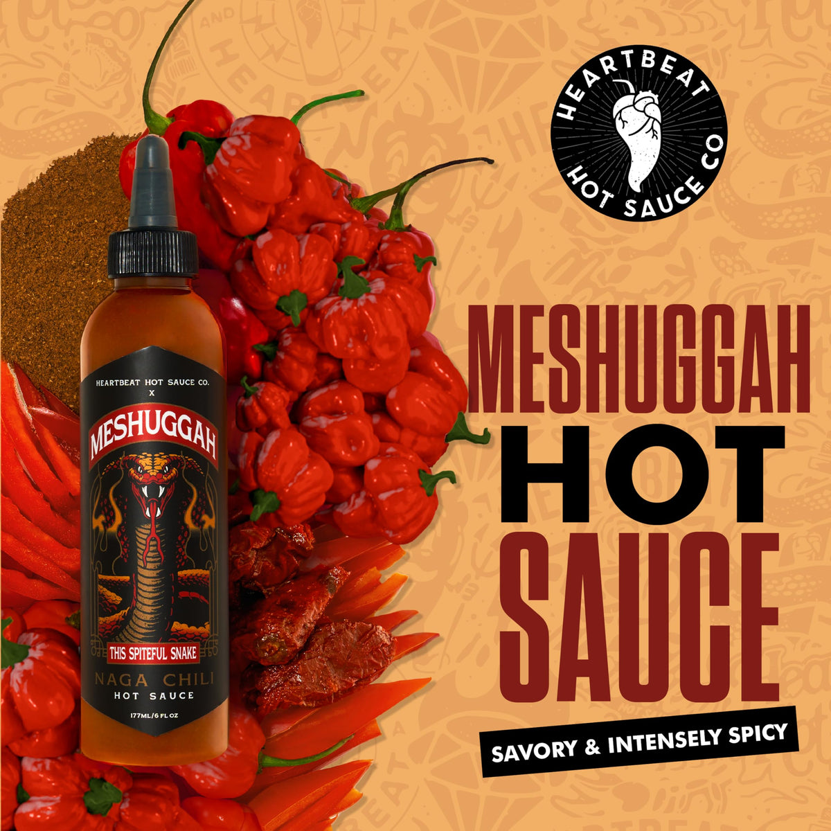 Heartbeat Hot Sauce x Meshuggah This Spiteful Snake Hot Sauce, Naga Chili & Scorpion Pepper Blend, Extra Hot Gourmet Pepper Sauce - 6 oz. 6 Pack